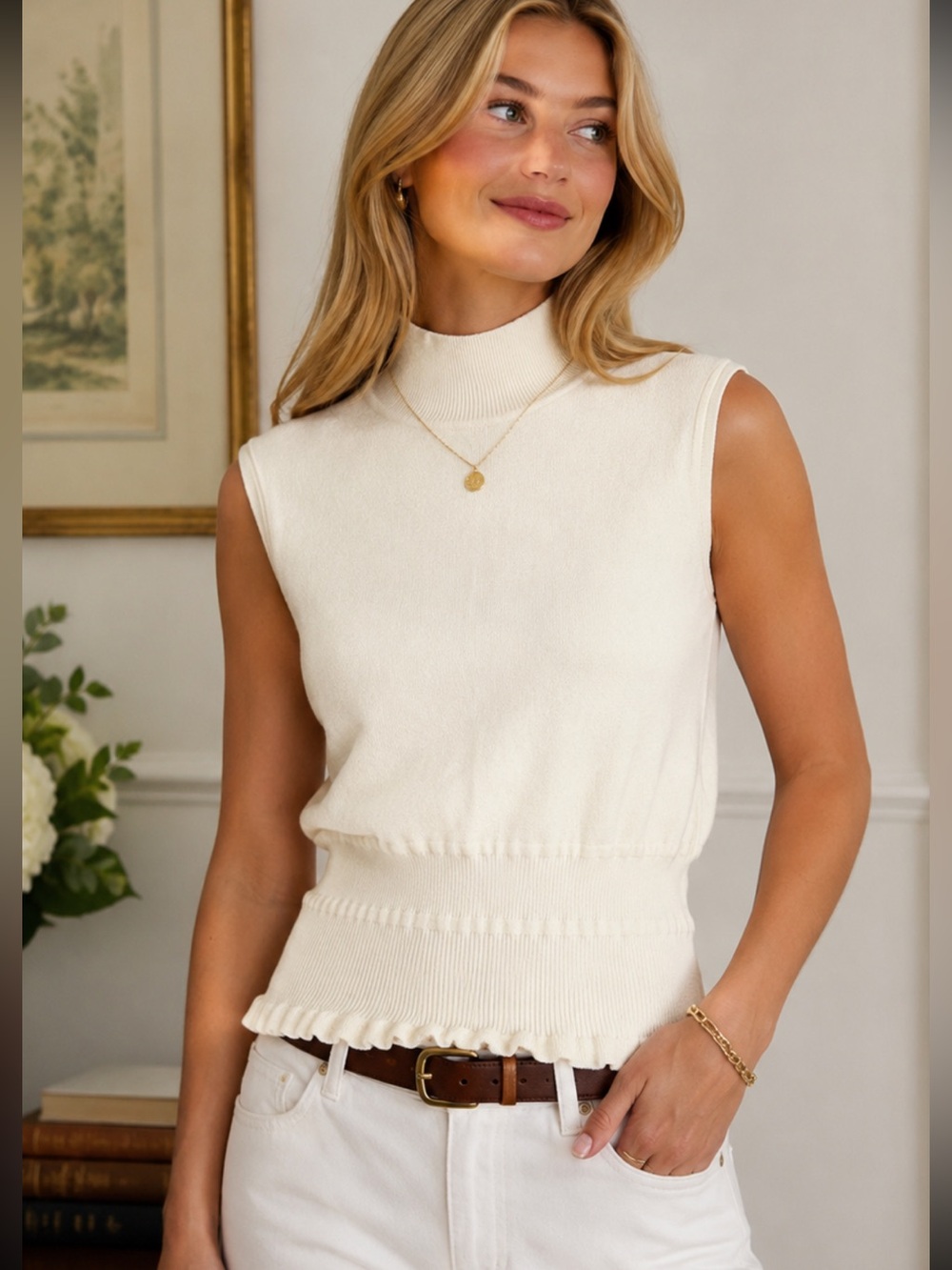NWT Magaschoni Ivory White Sleeveless Turtleneck Sweater XL Preppy - Picture 1 of 5